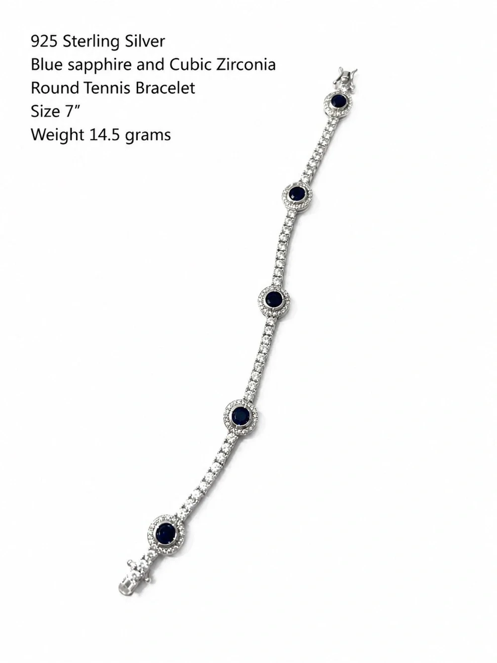 925 Sterling Silver Blue Sapphire wnd Cubic Zirconia Tennis Bracelet Size 7” - Picture 3 of 16